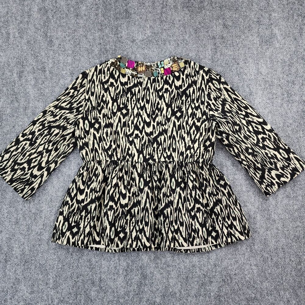Nanette Lepore Jacket Womens 4 Black White Tribal Linen Blend 3/4 Sleeve Gems - Picture 3 of 16